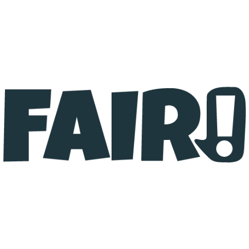 The image displays the word "FAIR!" in bold, dark blue capital letters with an exclamation mark, against a transparent background.