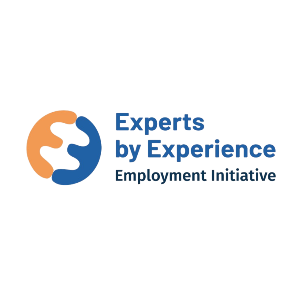 "Experts by Experience Employment Initiative" logo featuring a circular graphic with interlocking orange and blue shapes.