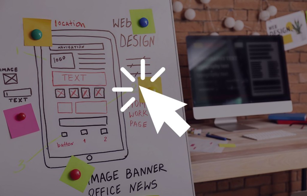 Whiteboard displays a hand-drawn website wireframe with notes and sticky notes; a computer monitor and office items are visible in the background. A large cursor icon is overlaid on the image. Designed by Circular Design, a not-for-profit web design agency.