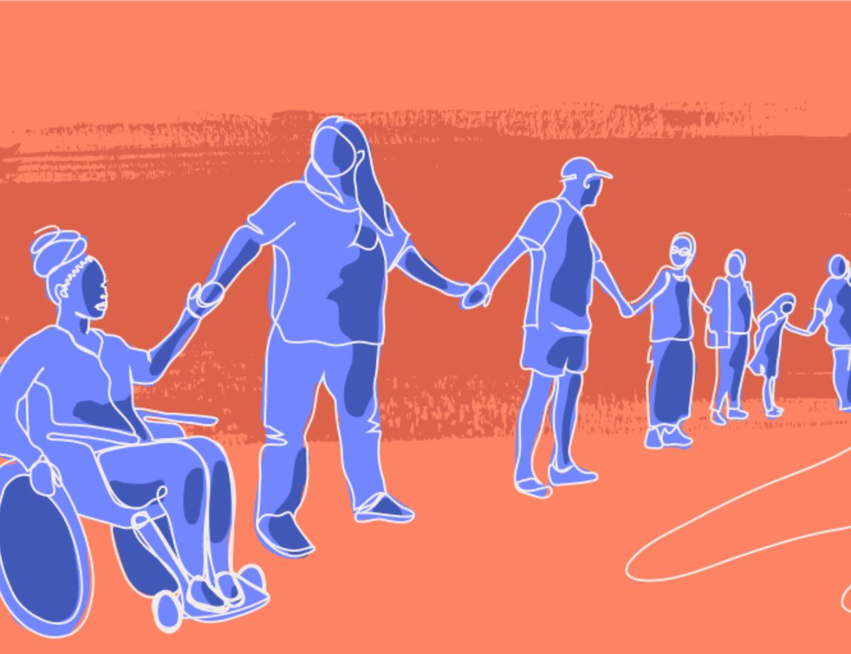 Illustration of diverse people, including a person in a wheelchair, standing in a line and holding hands on an orange background. Designed by Circular Design, a not-for-profit web design agency.