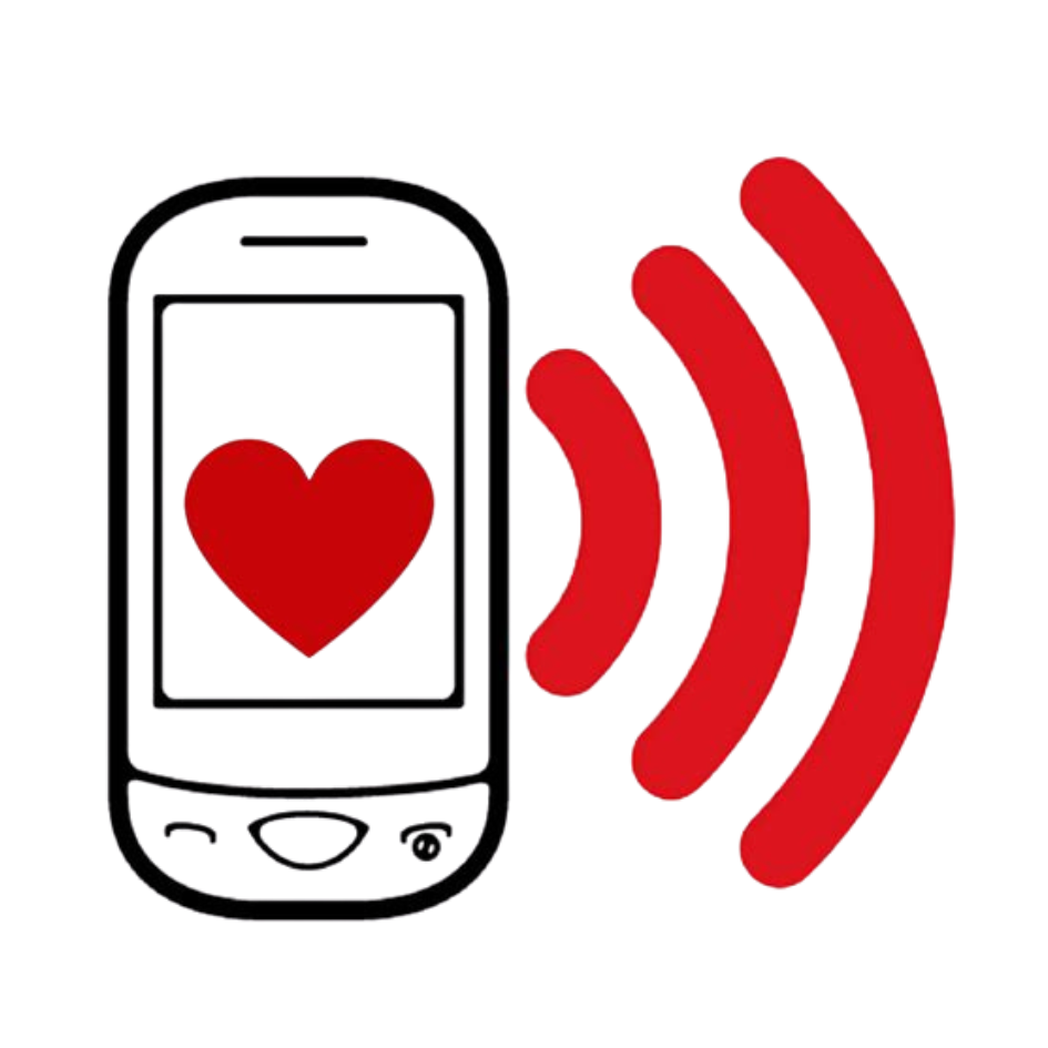 A smartphone with a red heart on its screen and three red signal waves emitting from it, symbolizing digital or wireless love communication.