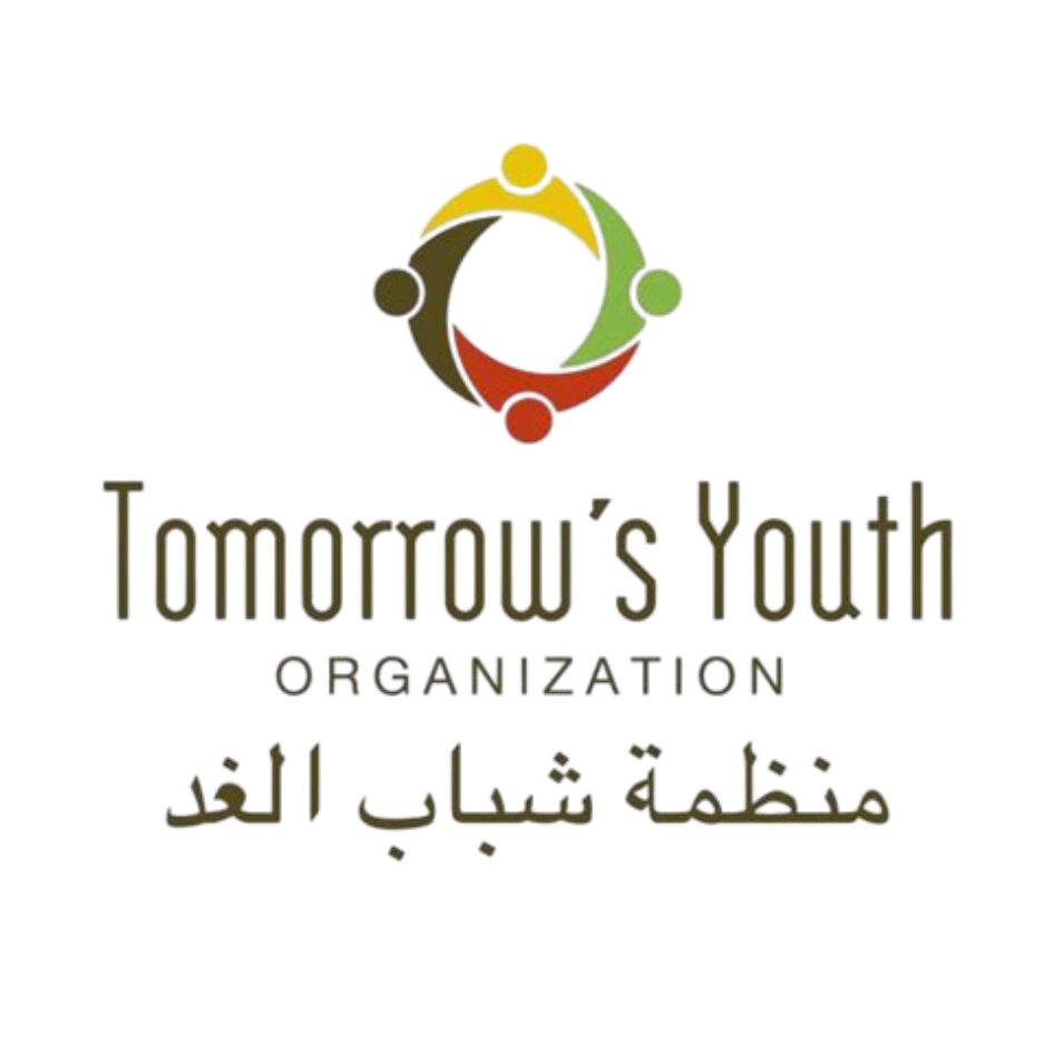 Logo of Tomorrow’s Youth Organization with four stylized figures in a circle above the name in English and Arabic text on a white background.